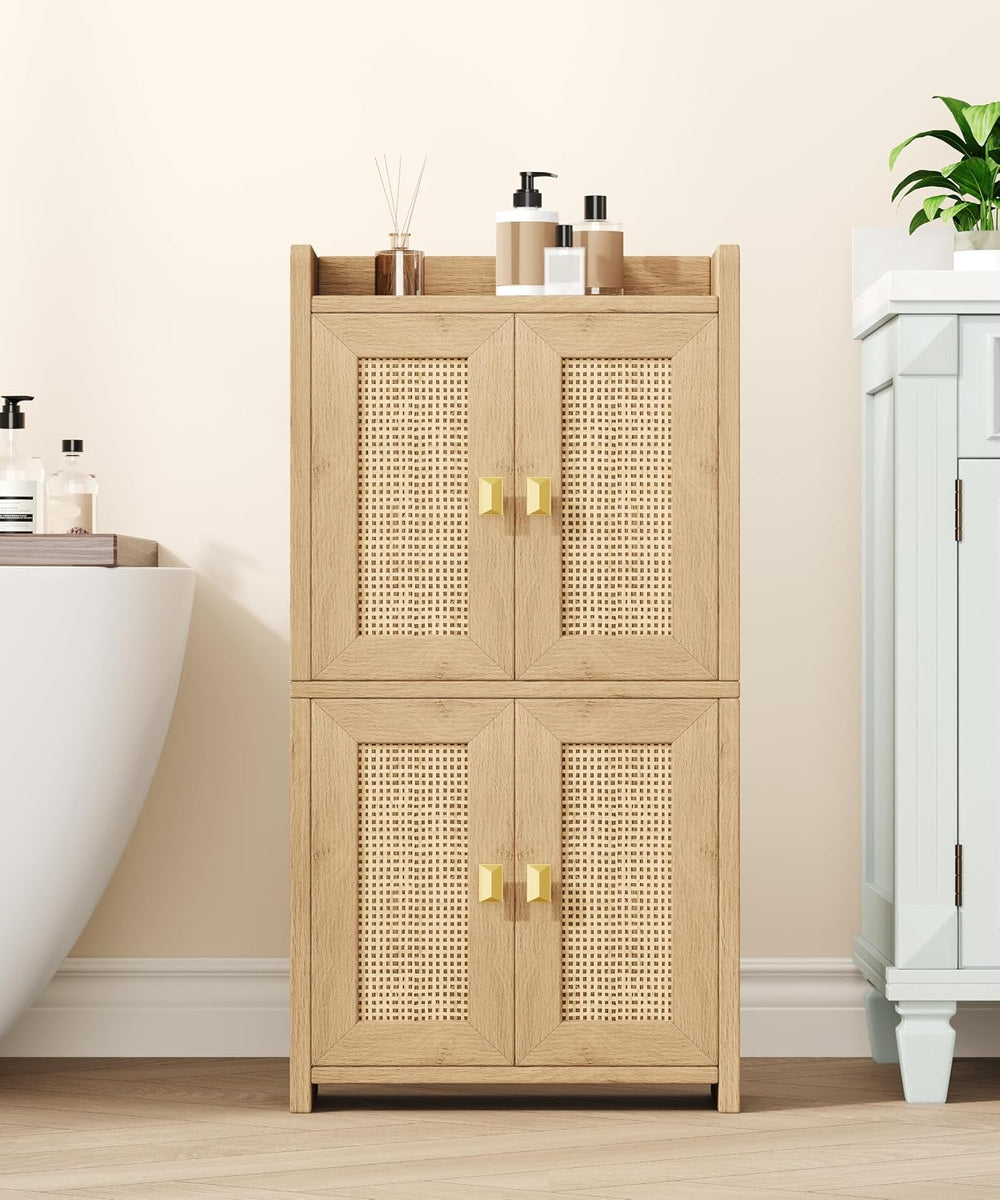 15" Rattan Small Bathroom Cabinet 4 Doors Adjustable Shelf Oak