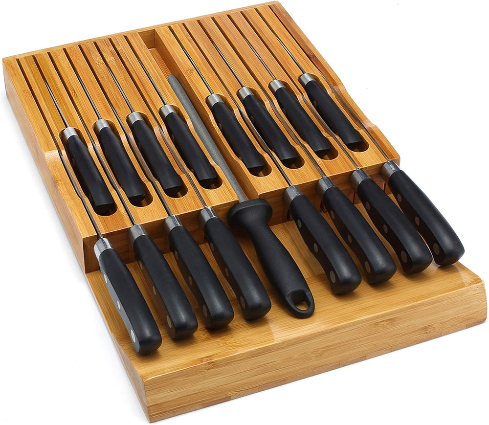 VaeFae In-Drawer Knife Block,Bamboo Knife Drawer Organizer Insert, Kitchen Kn...