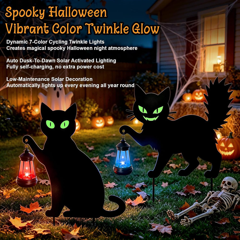 Halloween Spooky 2 Types Black Cat Yard Signs with Lantern(2PCS)