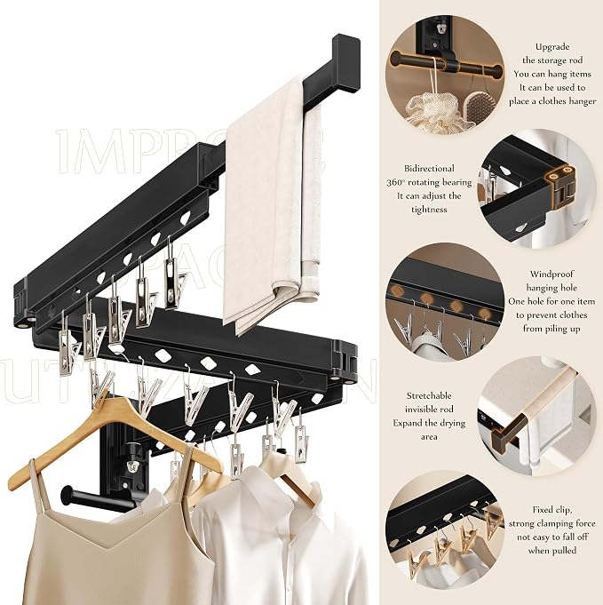 Wall Mounted Collapsible Clothes Drying Rack, Durable Space-Saving Laundry