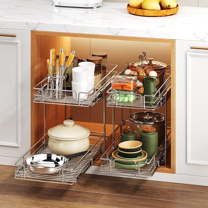 2 Tier Individual Pull Out Cabinet Organizer 7½" W x 21½" D, Heavy ...