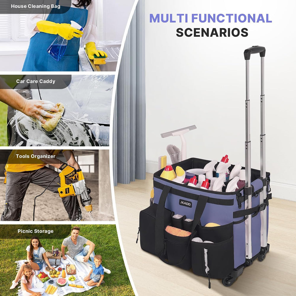 JKAOO Large Rolling Cleaning Caddy Bag with Detachable Trolley, Denim Blue