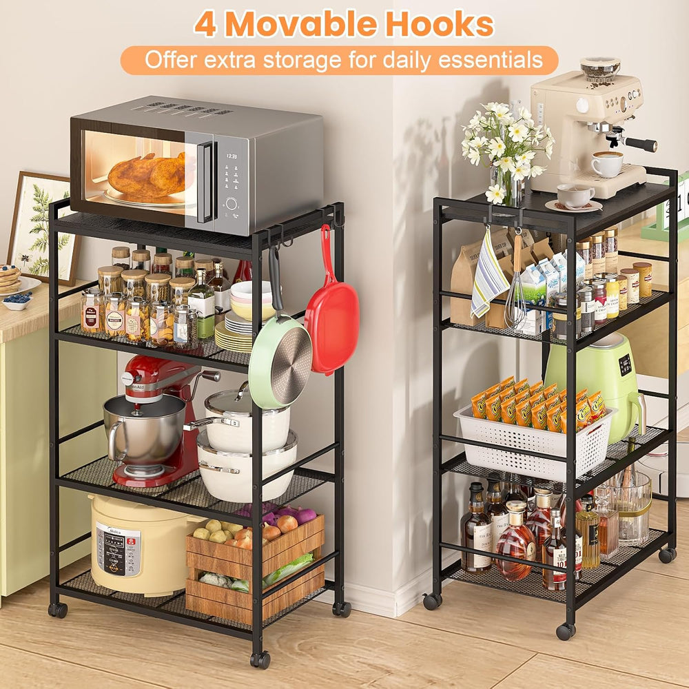 4-Tier Rolling Microwave Cart, Kitchen Storage Cart with Wooden Tabletop