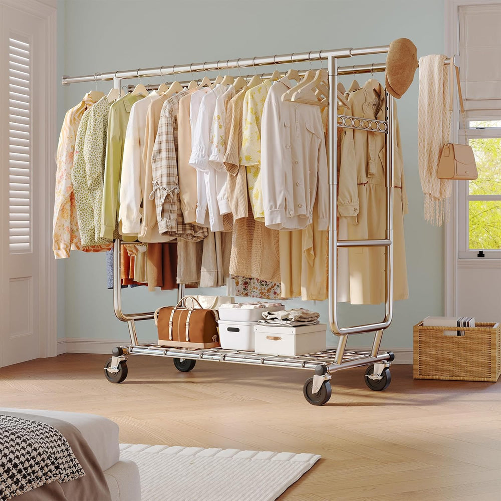 Raybee Heavy Duty Clothes Rack 650LBS Double Rods with Shelf Collapsible