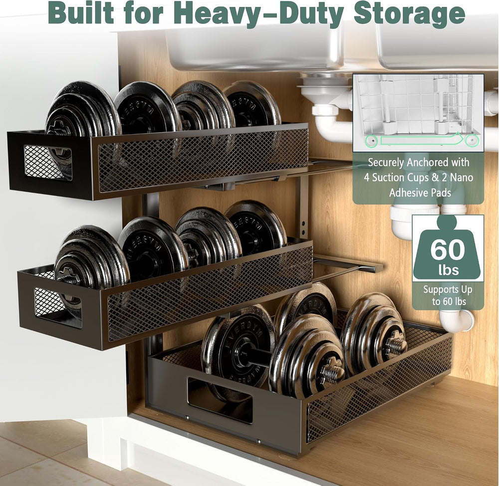 Under Sink Organizer, 3-Tier Height Adjustable Pull Out Cabinet Organizer