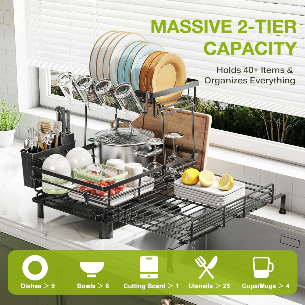 2-Tier Expandable Dish Drying Rack for Kitchen Counter, Black