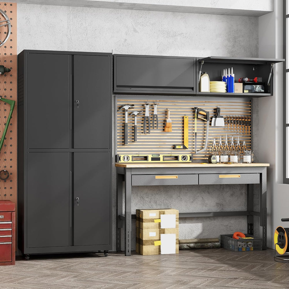 Garage Storage Cabinets System, 3-Pcs Workshop Cabinet Set in Black, Locked G...