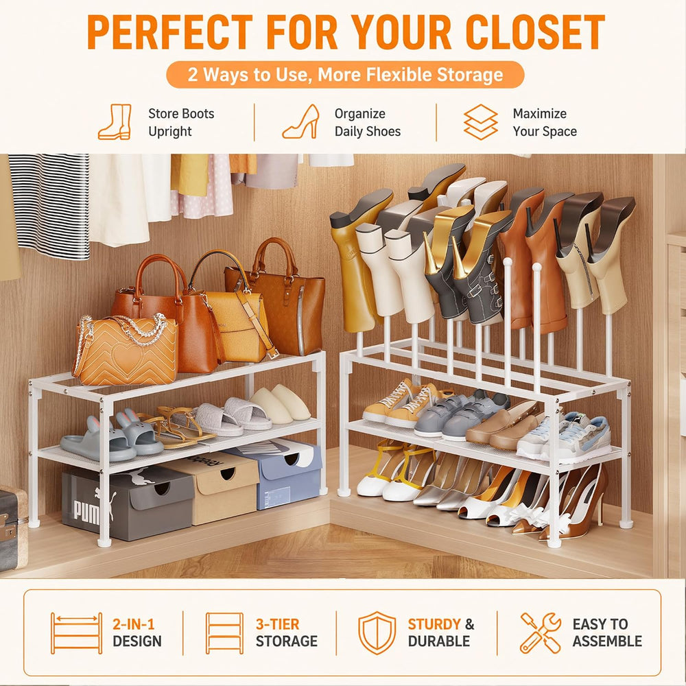 3-Tier Expandable Shoe Rack with Removable Boot Posts, 2-in-1 Shoe Organizer ...