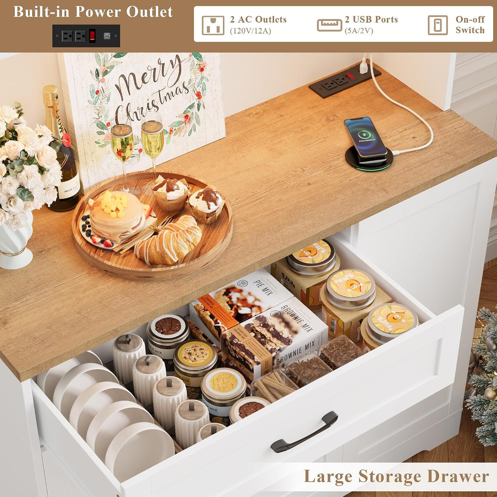 71'' Tall LED Kitchen Pantry Cabinet with Power Outlet & Door Rac...