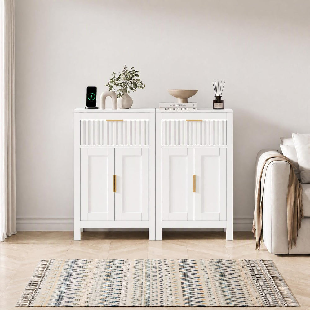 Buffet Cabinet, 2 Door Sideboard, Oak and White, Adjustable Shelves (White