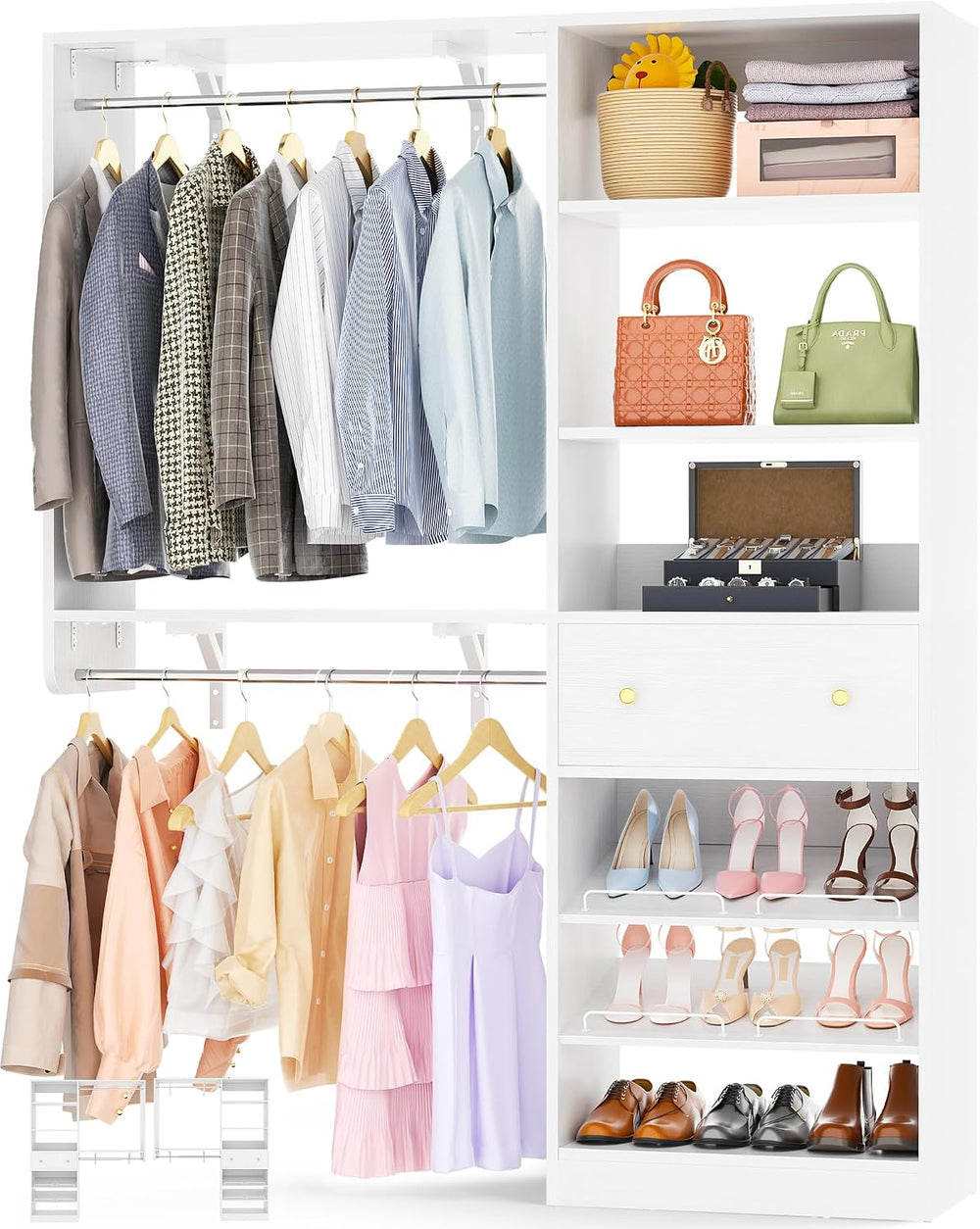 Closet System with Drawer - Reversible 5FT Wood Closet Organizer System with ...