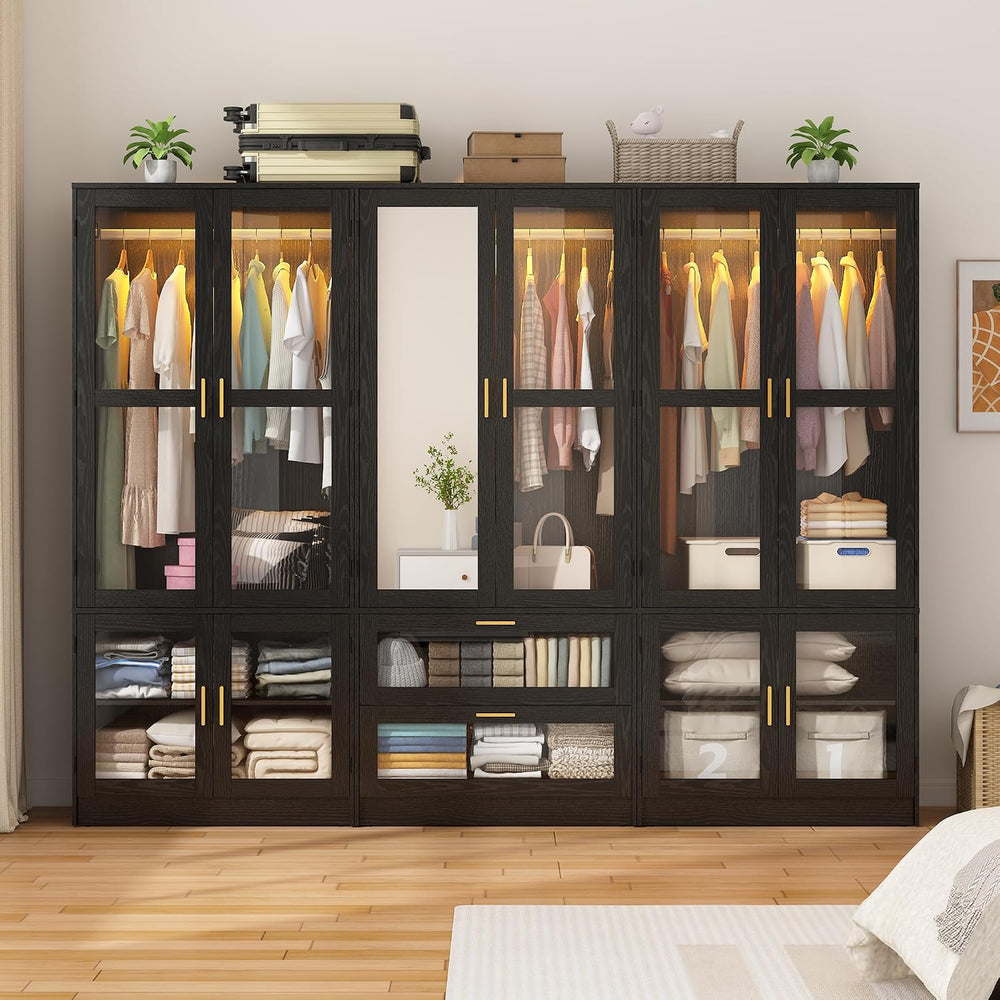 6 Doors Armoire Wardrobe Closet with LED and Mirror,71" H Freestanding W...