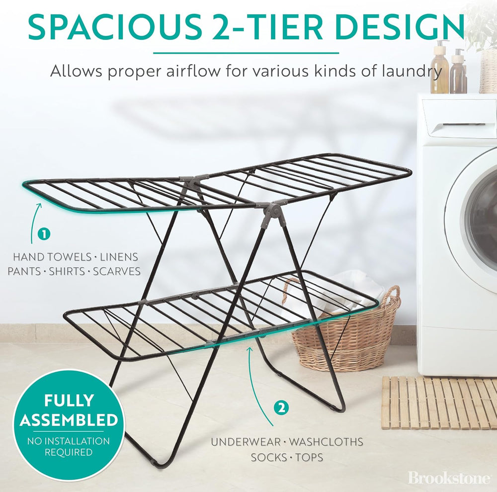 Brookstone 2 Tier Folding Rack - Indoor/Outdoor Collapsible Clothes Dryer Sta...