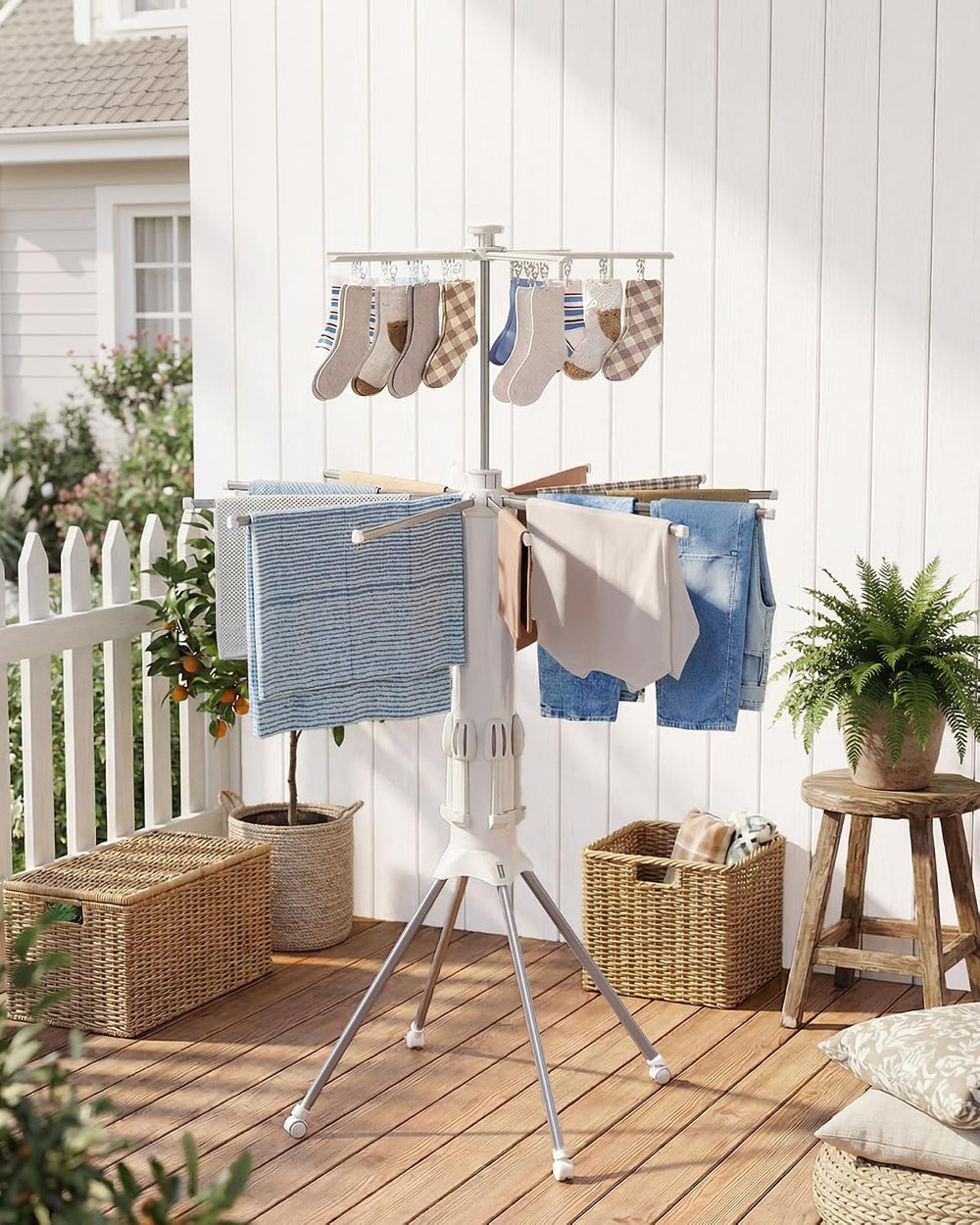 Sakugi Foldable Clothes Drying Rack, 12 Steel Arms, Silent Wheels, 71" H