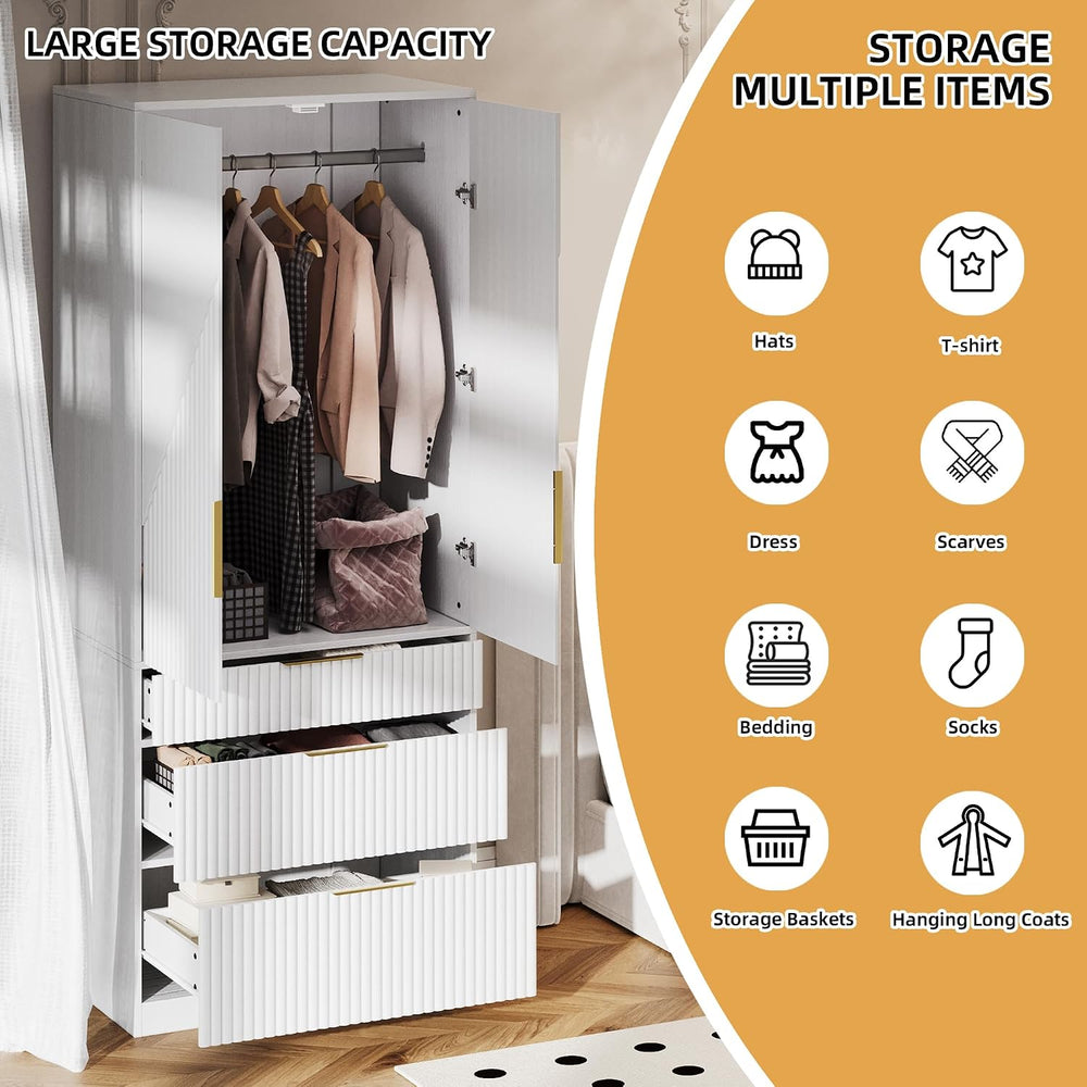 70" Wardrobe Armoire Wooden Closet with 2 Doors and 3 Drawers, Bedroom A...