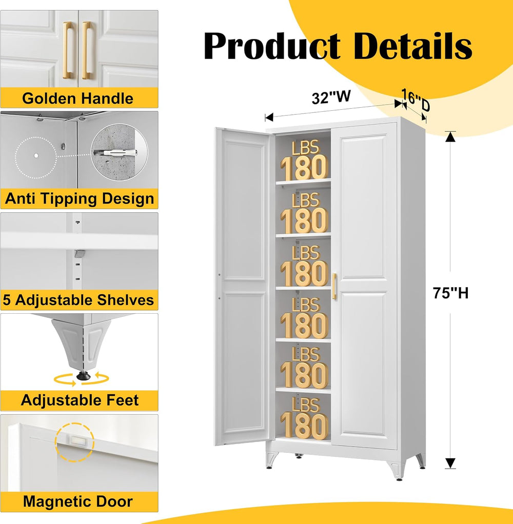 75”Metal Pantry Storage Cabinet with Doors & 5 Adjustable Shelves