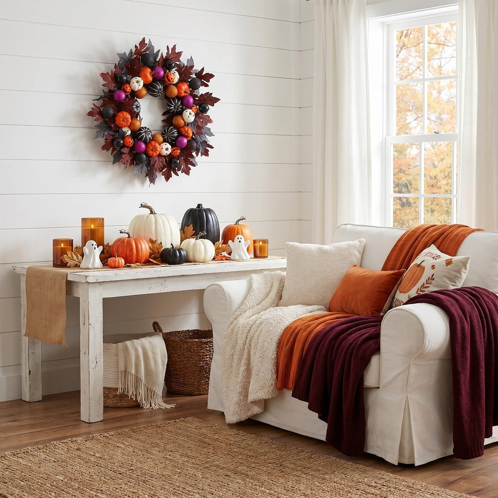 Halloween Ball Wreath for Front Door, 24" Pumpkin Fall Door Wreath