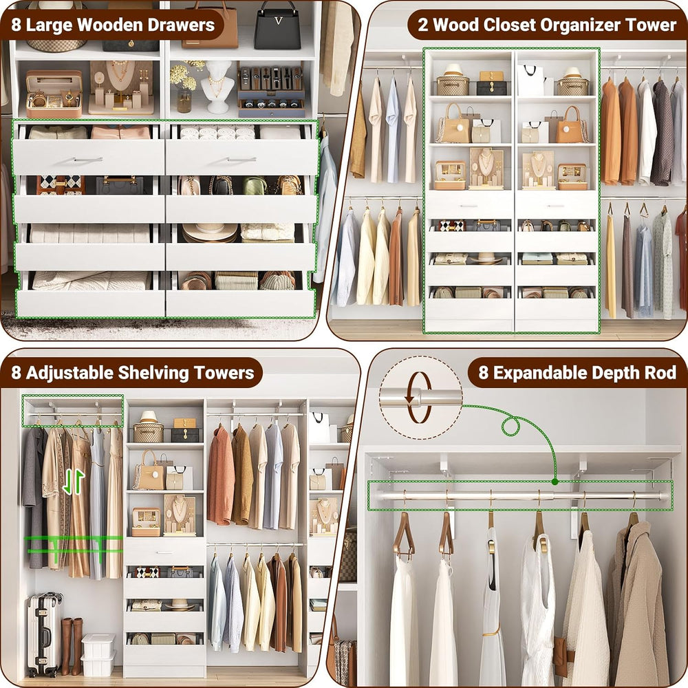 Aheaplus Closet System, Wood Closet Organizer System with Drawers, White