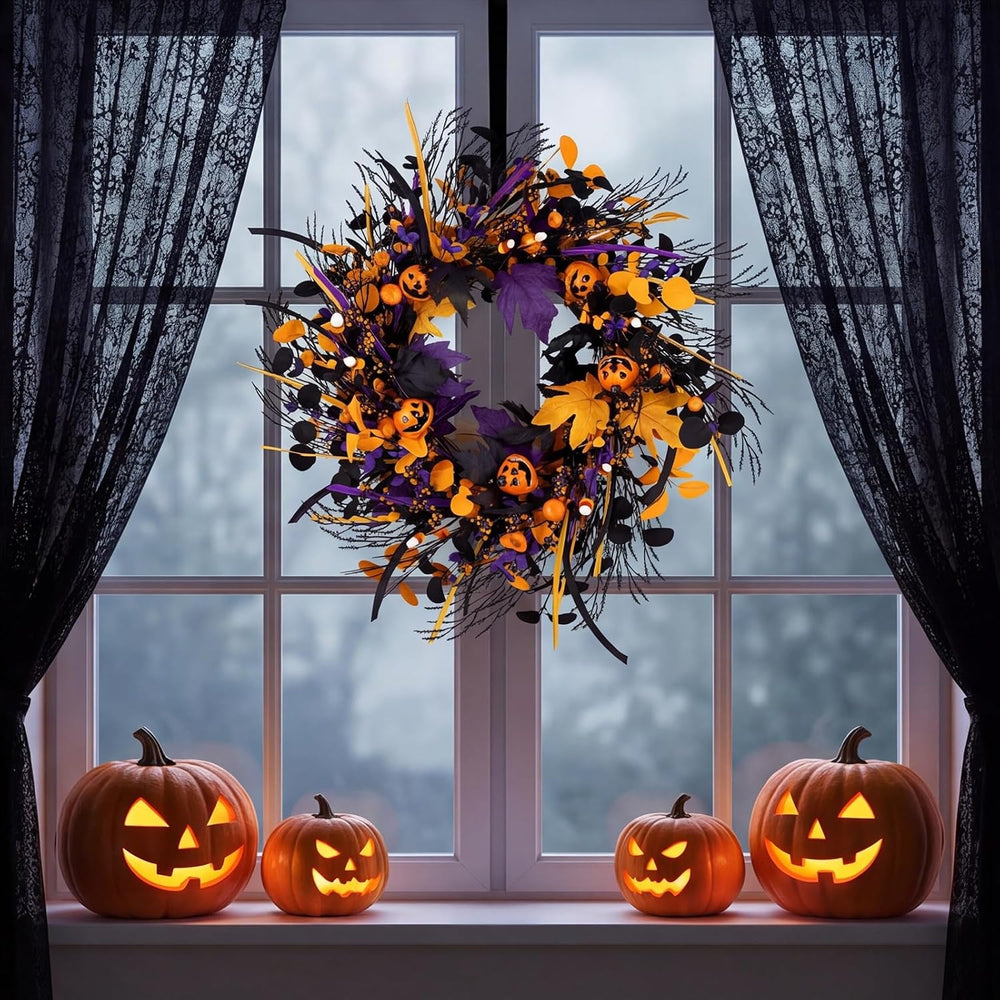 22" Halloween Wreath with 5 Jack-O'-Lantern Black Maple Leaves