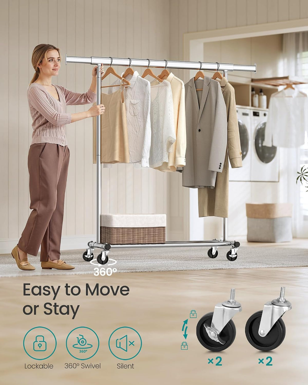SONGMICS Clothes Rack with Wheels, Heavy-Duty, 220 lb Load Capacity
