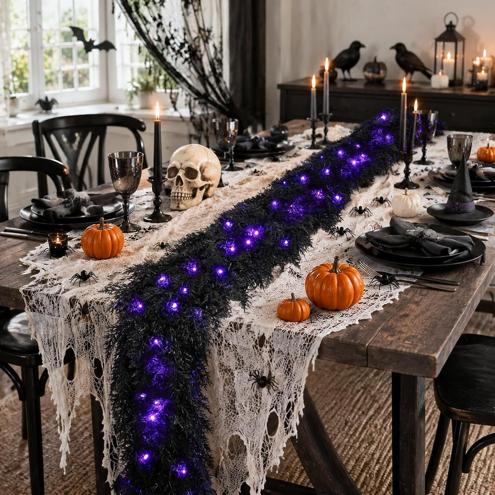 9FT Black Halloween Garland with Lights Realistic Prelit Christmas Garland