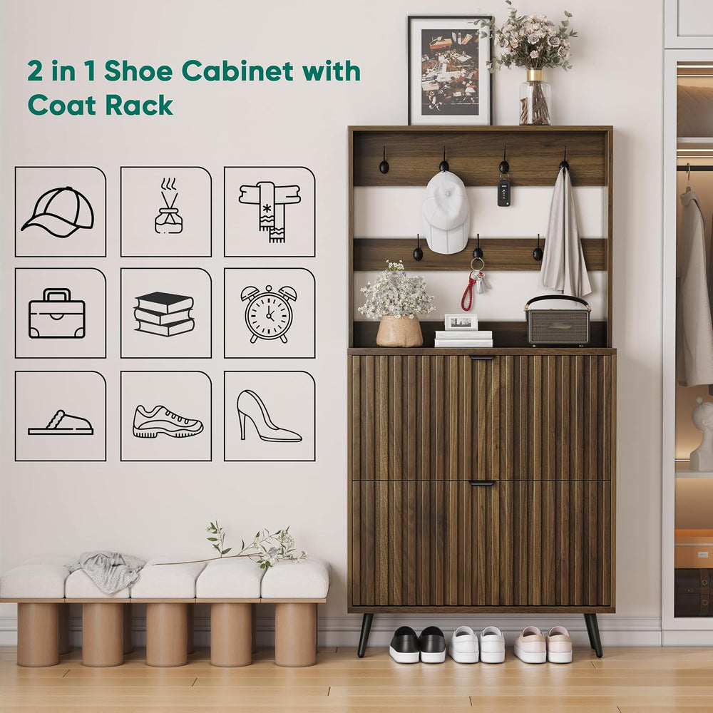 Smuxee Shoe Cabinet with 2 Flip Drawers & Coat Rack Hooks, 31.5" Wal...