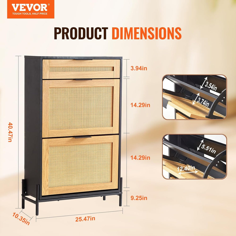 VEVOR Rattan Shoe Cabinet, Narrow Shoe Storage Organizer with 2 Flip Rattan D...