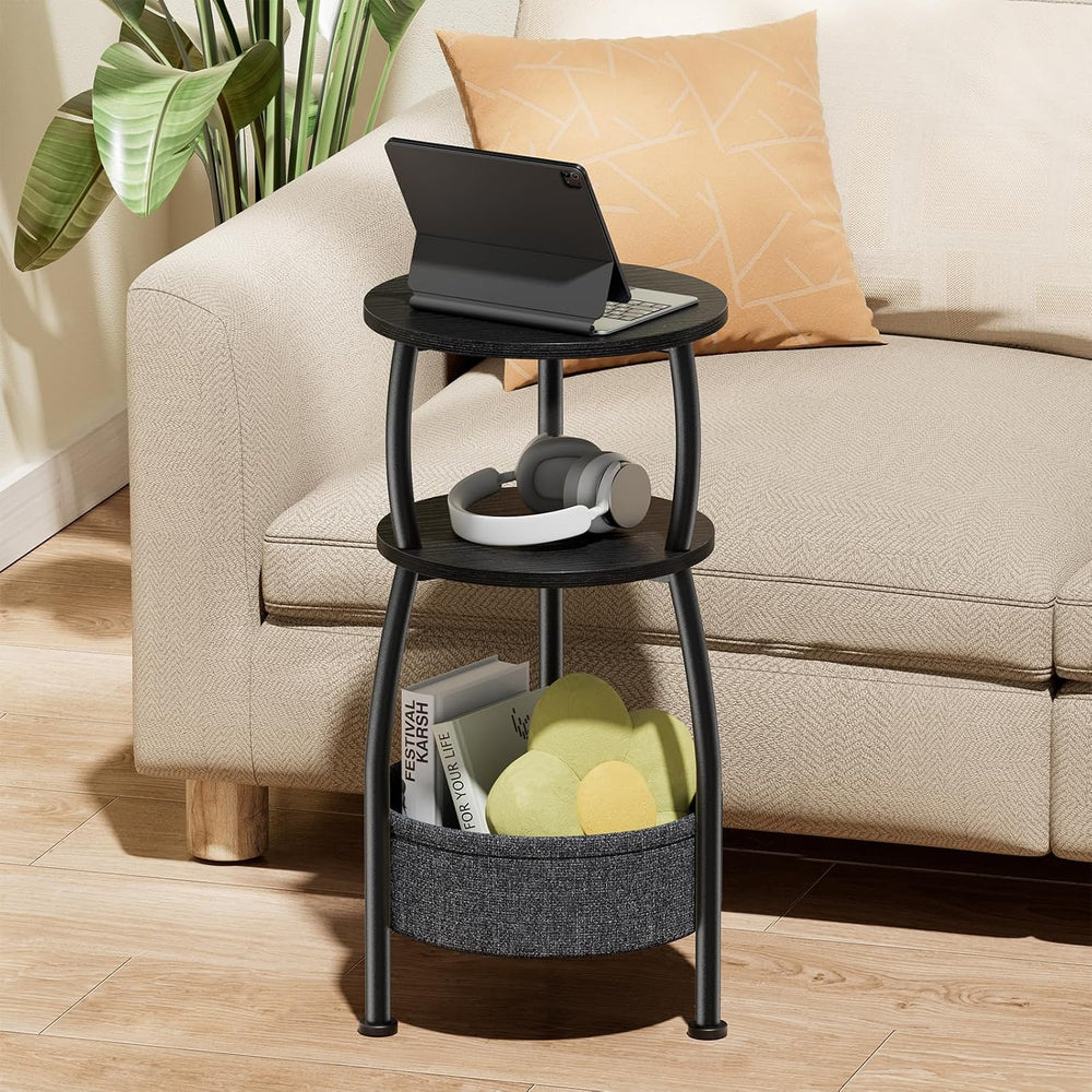 Small Round Side Table for Living Room with Storage Basket, 11.81in