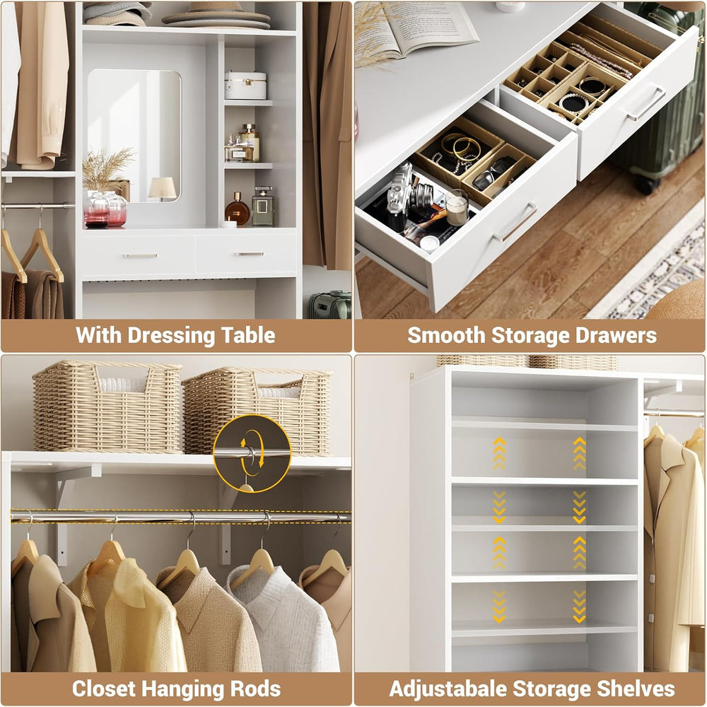 Unikito 156" Modular Corner Closet System with Vanity Desk Tower, White