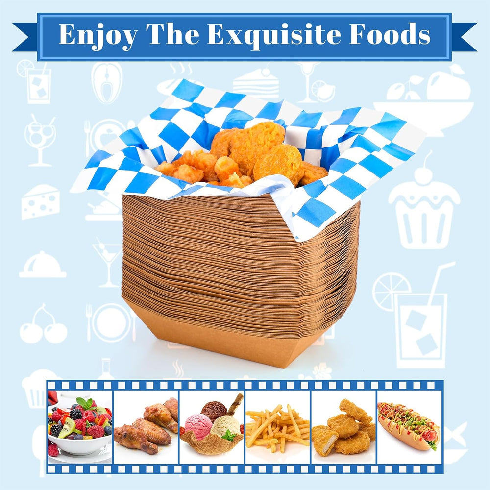 1000 Pcs Food Boats & Greaseproof Liners, Blue and White, Checkered