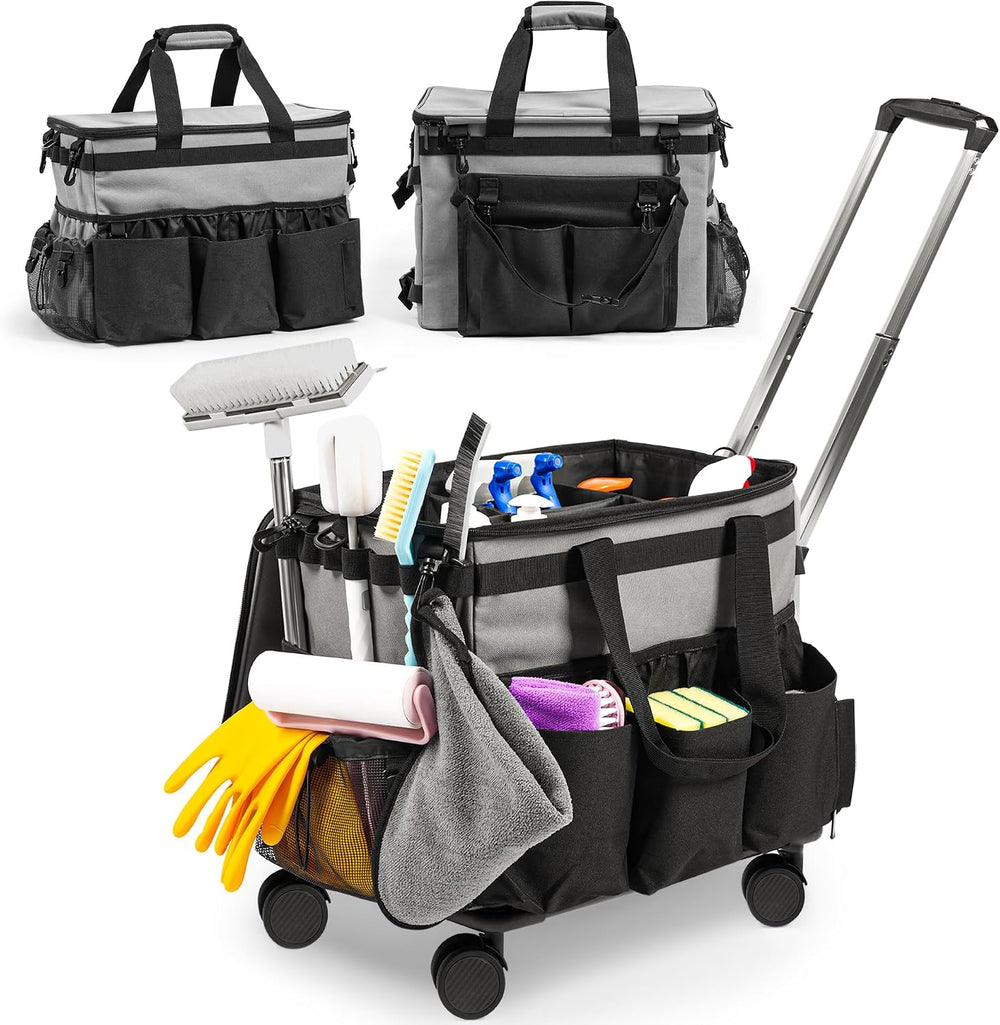 Rolling Cleaning Caddy Bag w/Detachable Trolley & Lid (Gray)