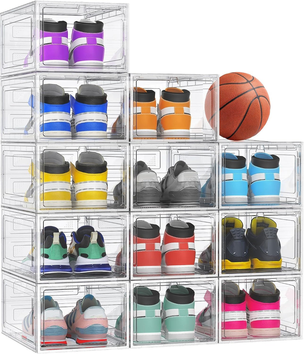 12 Pack Hard Plastic Stackable Clear Shoe Storage Boxes, White