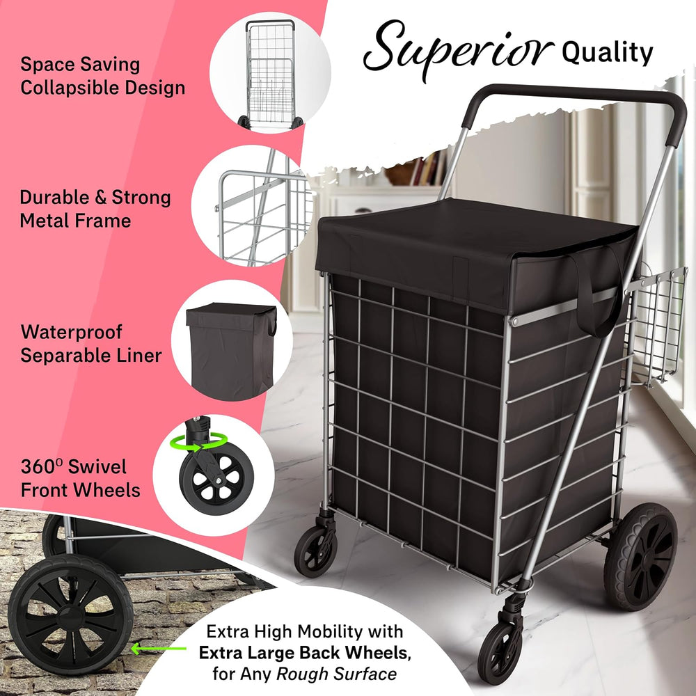 Our Modern Space Shopping Cart w/Waterproof Basket Liner & 360° Swivel Wh...