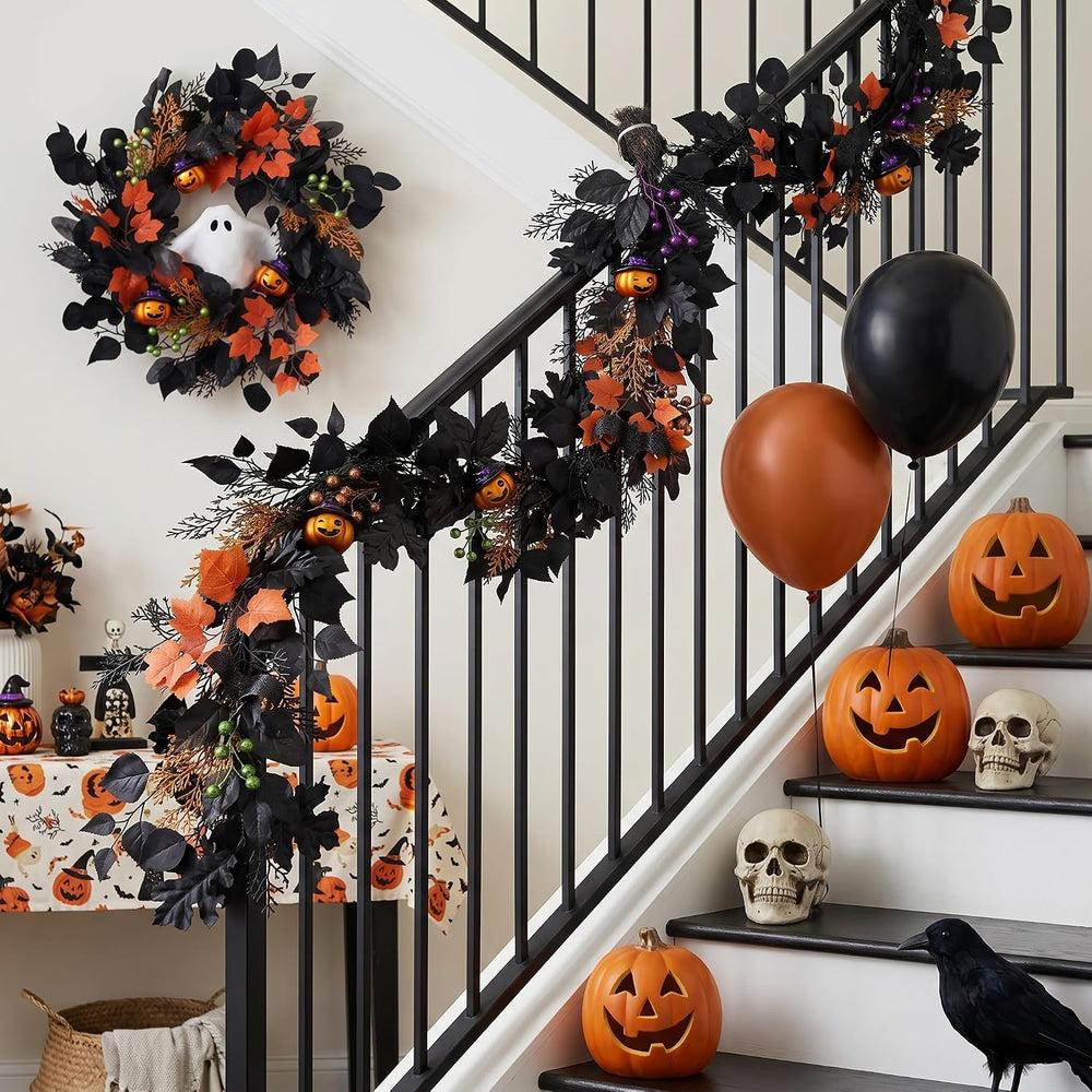 DecorbyHannah 6ft Halloween Garland for Mantle with Lights Pumpkin Decor