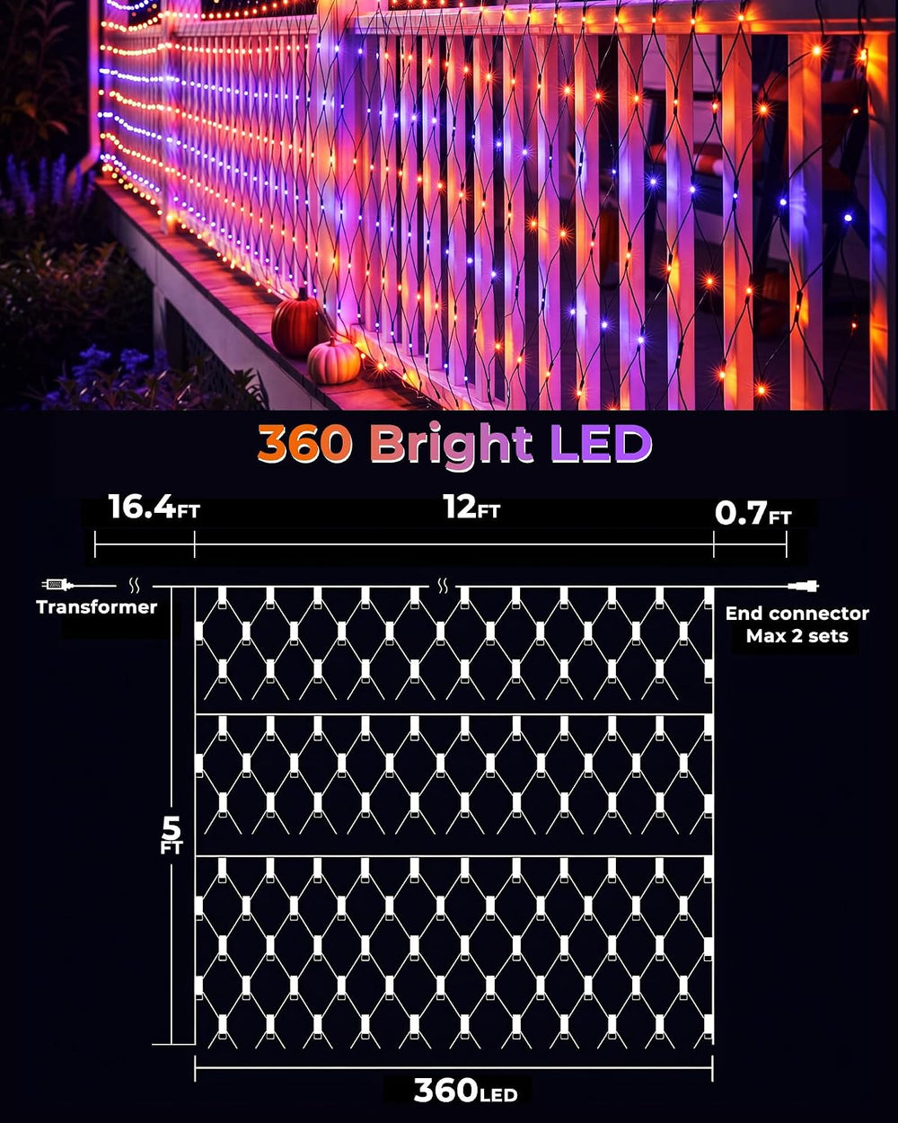 2 Pack 360 LED 12×5FT Halloween-Net-Lights-Outdoor, 12 Light Modes & Timer