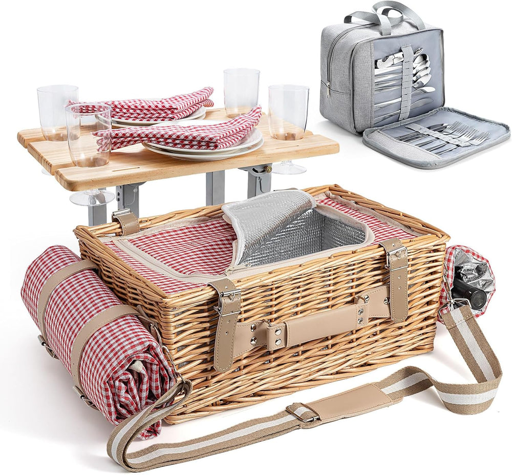 Wicker Picnic Basket Set for 4 with Detachable Table, Portable Utensil Bag