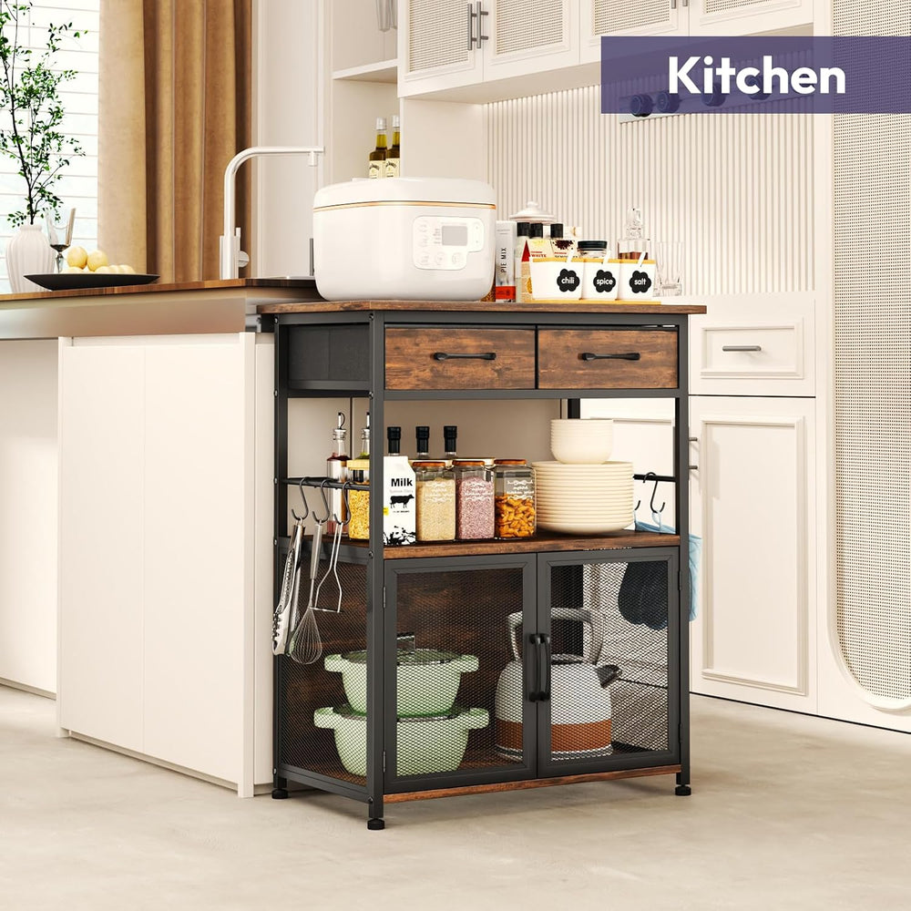 Coffee Bar Cabinet with Drawer - Coffee Stand Station with Removable Hooks, B...