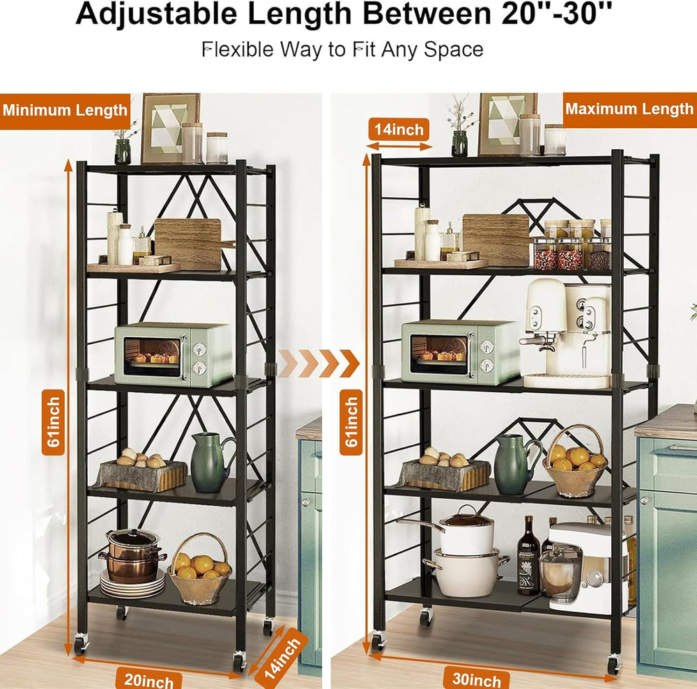5-Tier Foldable Expandable Storage Shelves Wheels Kitchen 2-in-1 Rack