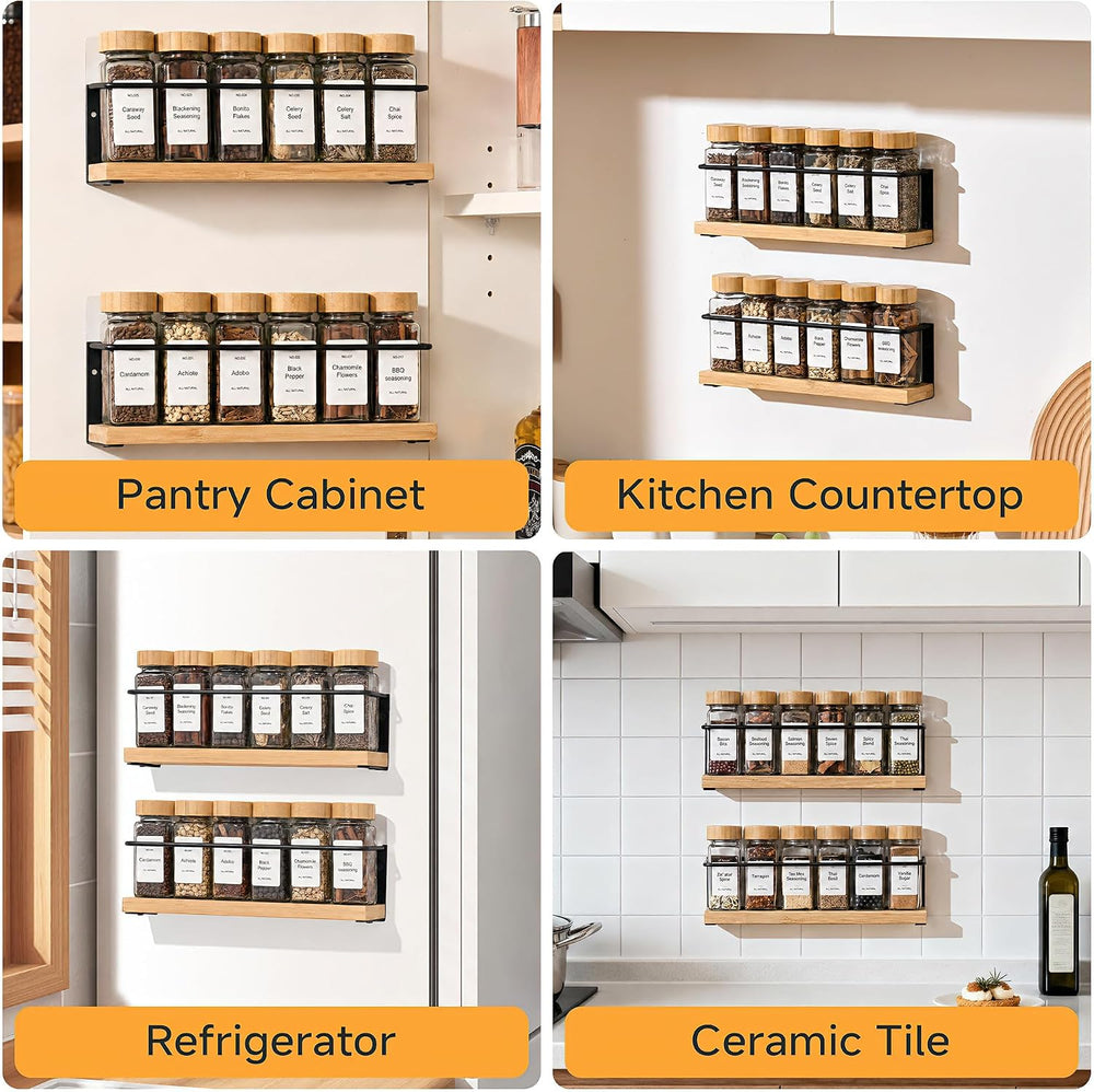 2-Tier Wall Mount Spice Rack Organizer with 12 Glass Jars, Screw/Adhesive Mou...