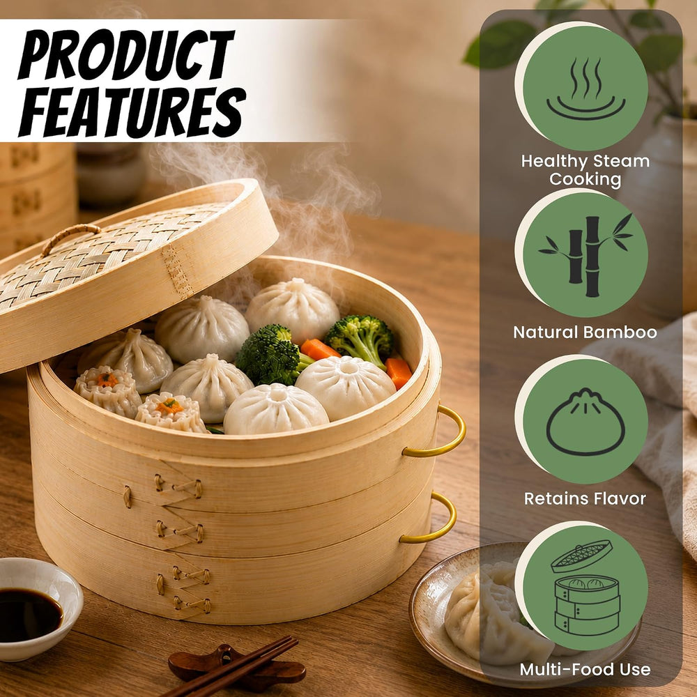 10 Inch 2-Tier Bamboo Steamer Basket for Cooking Dumplings, Dim Sum & Asi...