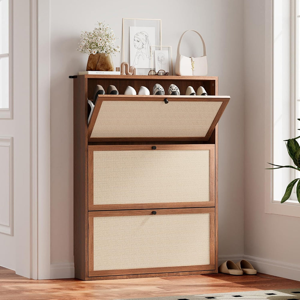 AVZEAR Narrow Shoe Storage Cabinet for Entryway with Natural Linen Panel, Fre...