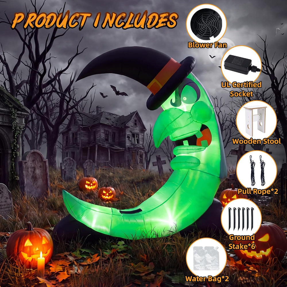 9FT Green Witch Moon Halloween Inflatables Outdoor Decorations with Bench