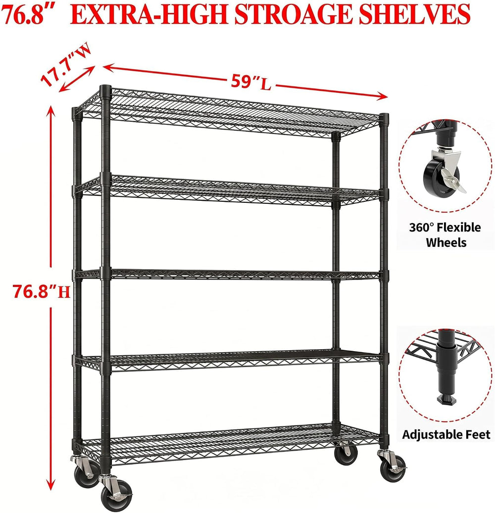 Garvee 3300LBS Wire Shelving with Wheels, 5-Tier Garage Shelving Heavy Duty
