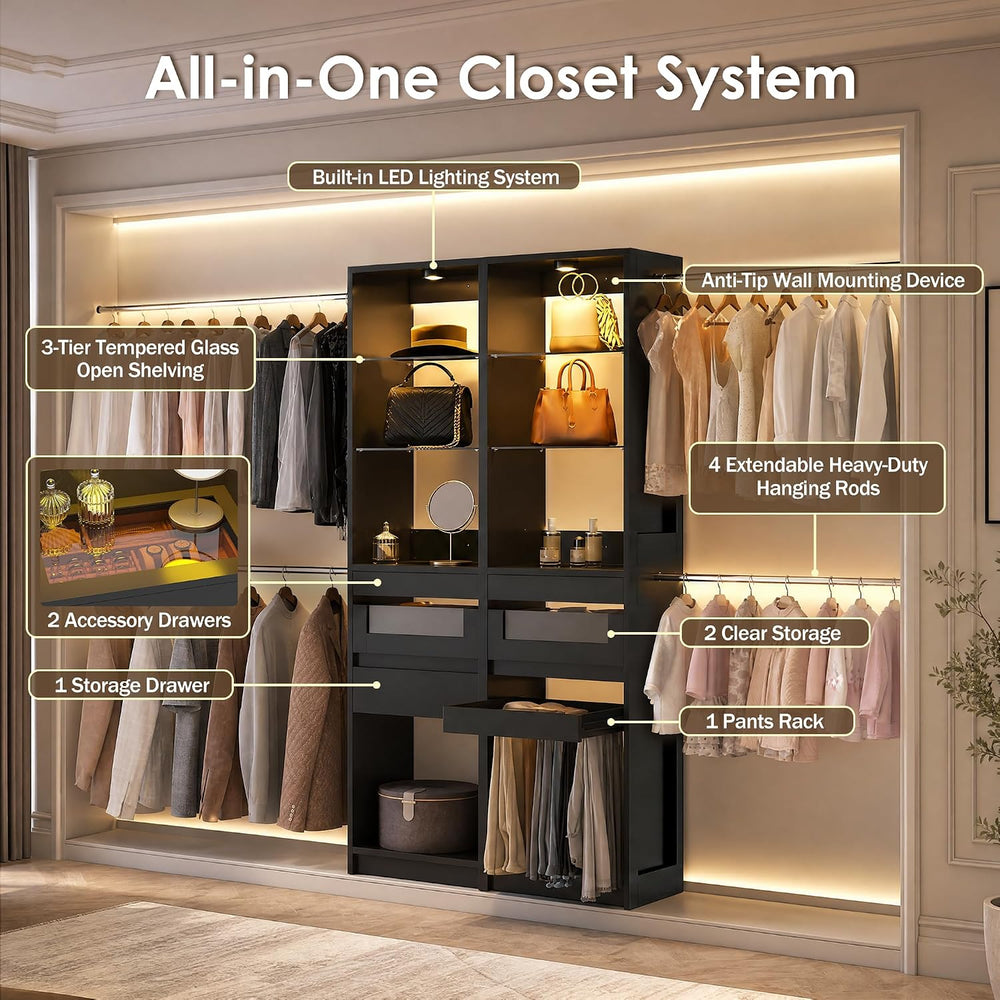 6-12 Ft Closet System with LED Lighting & 4 Adjustable Rods (Black)