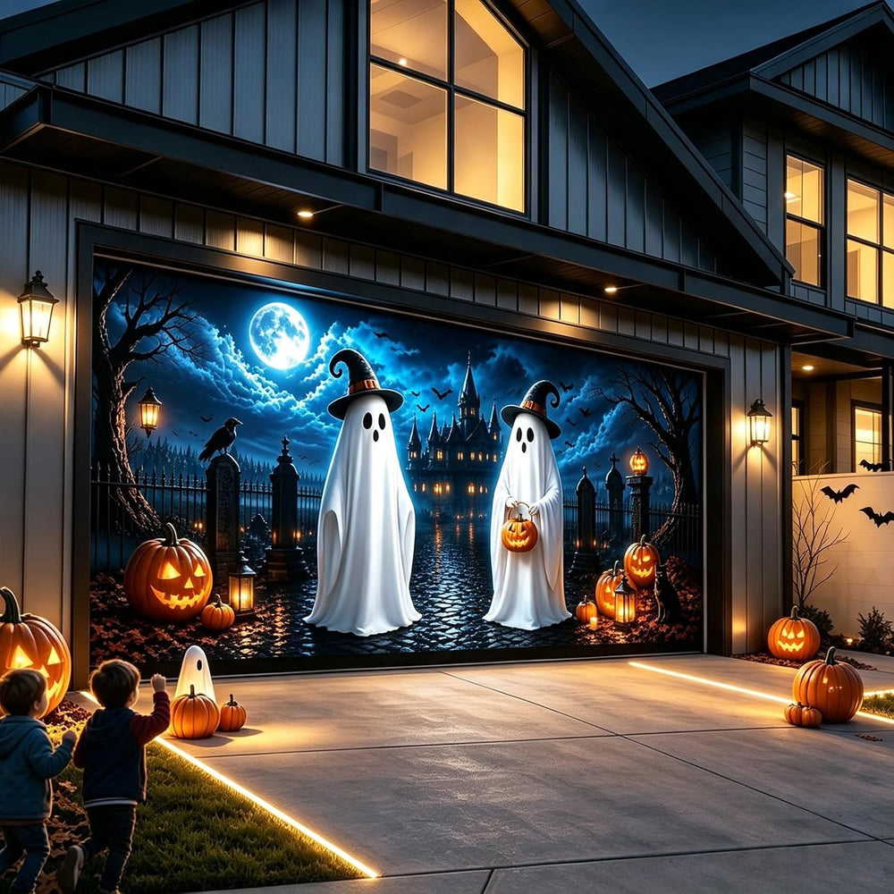 Halloween Garage Door Cover 16x7 FT, Ghost Halloween Garage Door Decoration