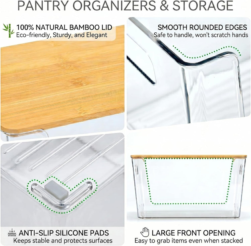 6 Pack Clear Stackable Storage Bins with Bamboo Lids, Trash Bag Holder Dispen...