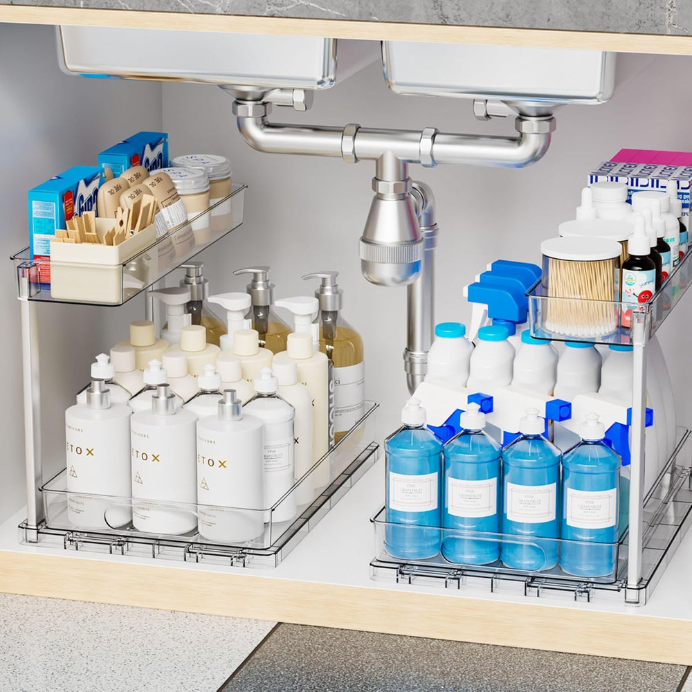 Yieach 2 Pack 14.5″ Deep Pull Out Under Sink Organizer,10.8″ High 2 Tier Slid...