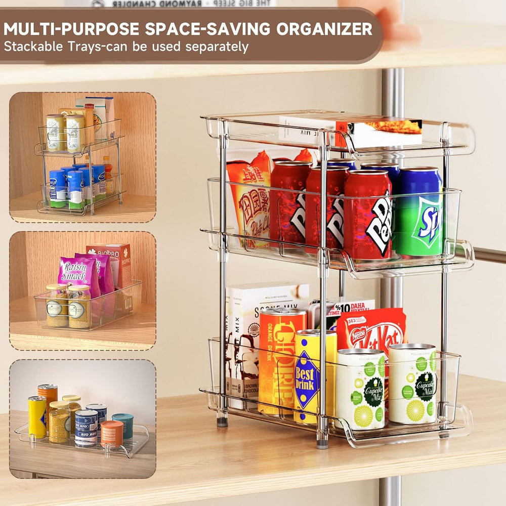 2Set 3 Tier Clear Bathroom Organizer with Dividers, Pull-Out Pantry Organizat...