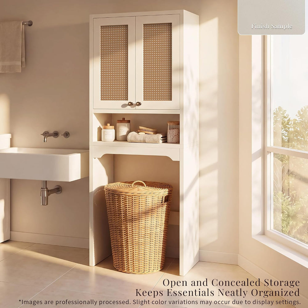 Over the Toilet Storage Cabinet with Rattan Door & Adjustable Shelf, White