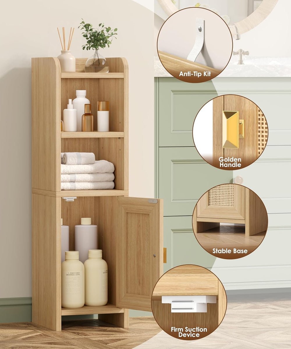 Akxomel Rattan Small Bathroom Storage Cabinet with 2 Open Shelves, Oak